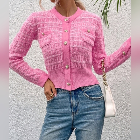New Chic Tweed Knit Button Up Crop Cardigan Sweater Top Jacket Barbie Pink White - Picture 6 of 7